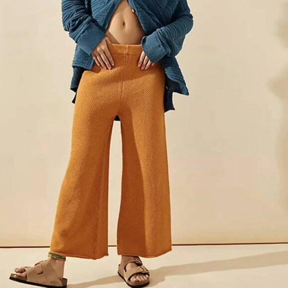 FP Beach Pants - Free People BEACH Knit Cropped Sweater Pants Sz Lg Mustard Yellow